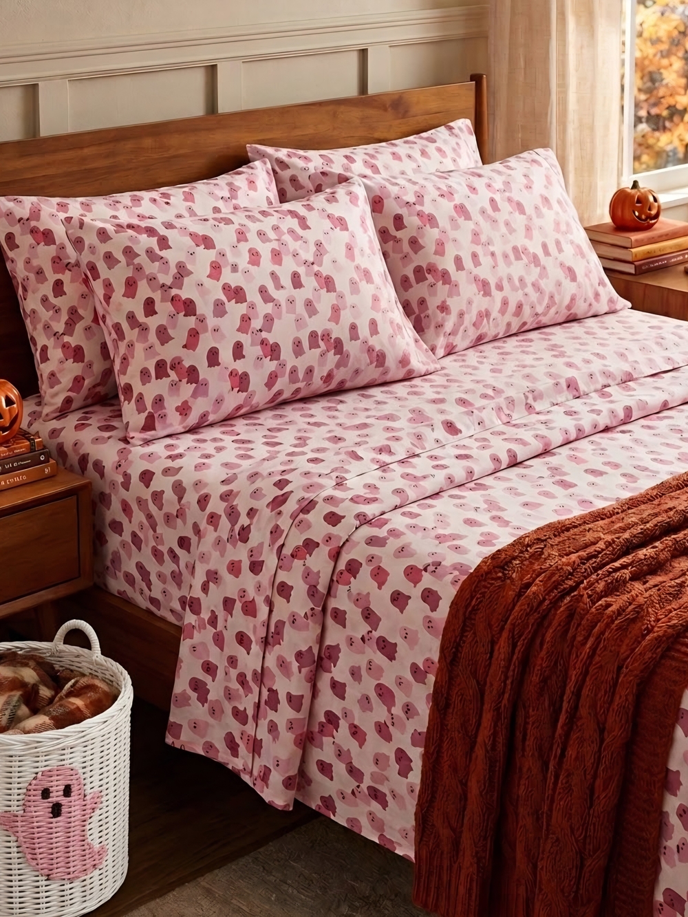 Full Size Pink Ghost Print Sheet Set 100% Cotton